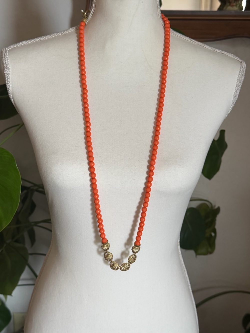 Vintage Fornash Coral Beaded & Gold Tone Statement Necklace